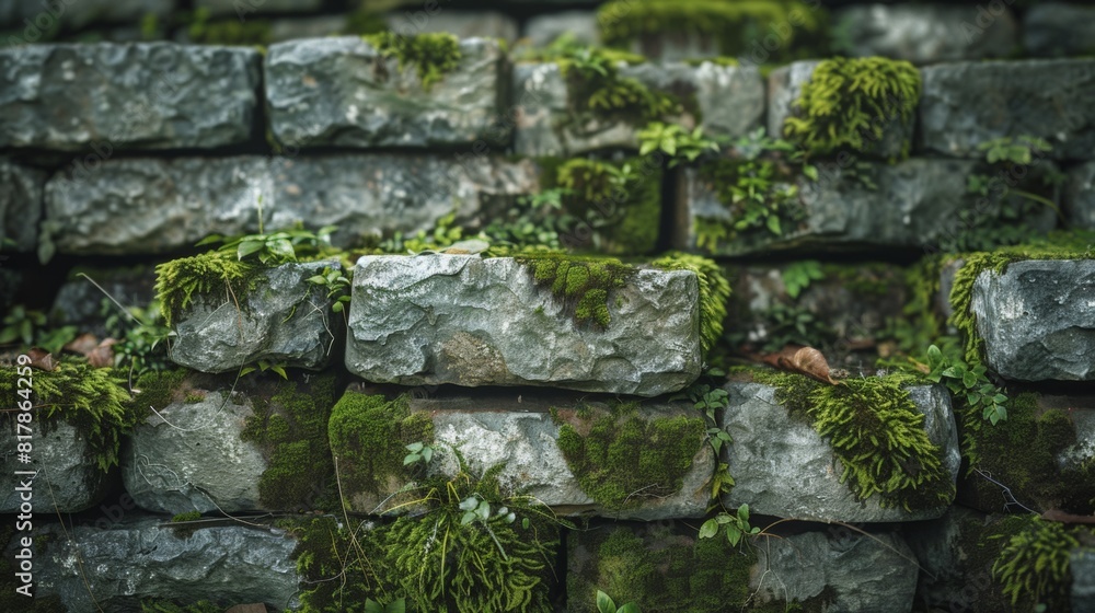 A close-up of stacked stone blocks with moss growing between them. A close-up of stacked stone blocks with moss growing between them.