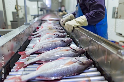 Worker handling fresh fish on a conveyor belt in a seafood processing plant, focusing on quality control and packaging.