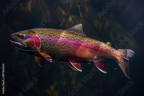 Vibrant underwater image of a rainbow trout showcasing its colorful scales, prominently featuring pink and red hues with dark spots.