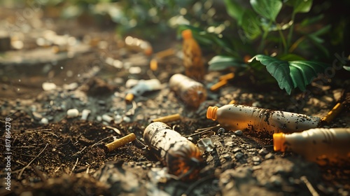 Soil underground pollution with cigarette butts and plastic waste, highlighting environmental degradation and the urgent need for sustainable waste management practices to protect our planet.