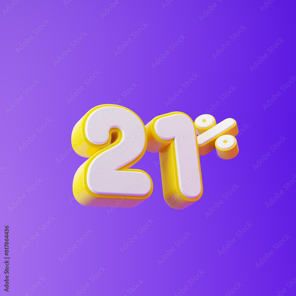 White twenty one percent or 21 % with yellow outline isolated over purple background. 3D rendering. White twenty one percent or 21 % with yellow outline isolated over purple background. 3D rendering.