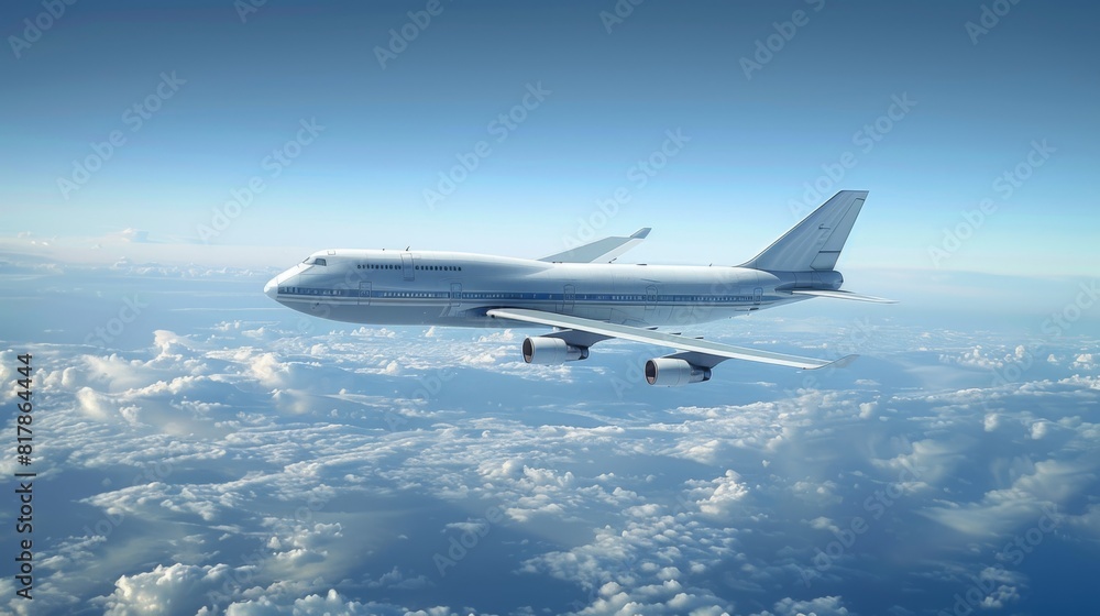 Fototapeta premium Passenger plane in flight. The wide-body 4-engine aircraft flying over the clouds. Side view of aircraft.