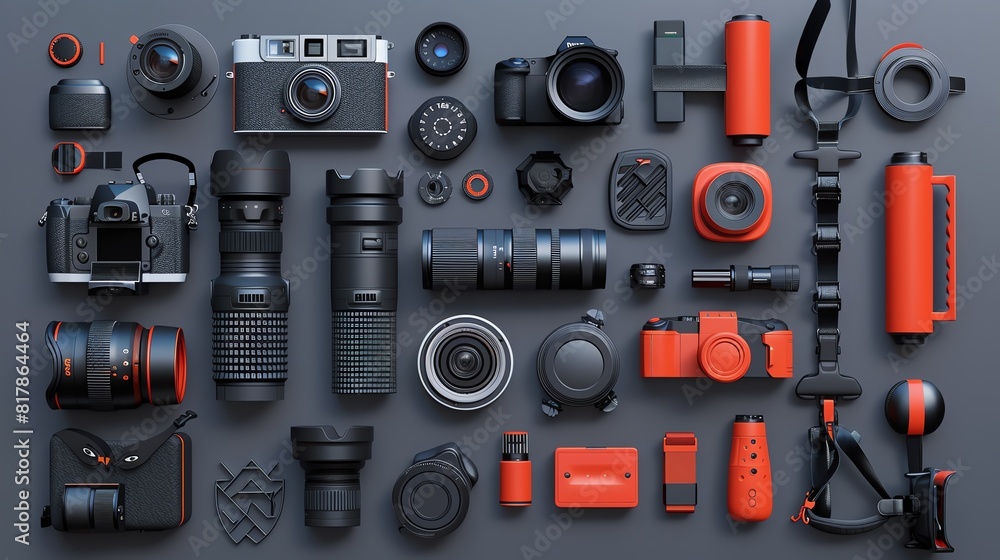 Photography gear flat design front view professional 3D render analogous color scheme Photography gear flat design front view professional 3D render analogous color scheme