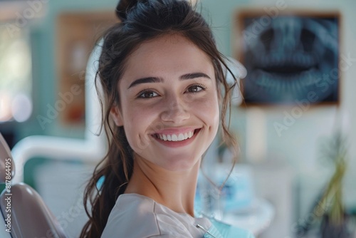  Young woman with a bright, confident smile, showcasing healthy teeth and gums in a dental office setting