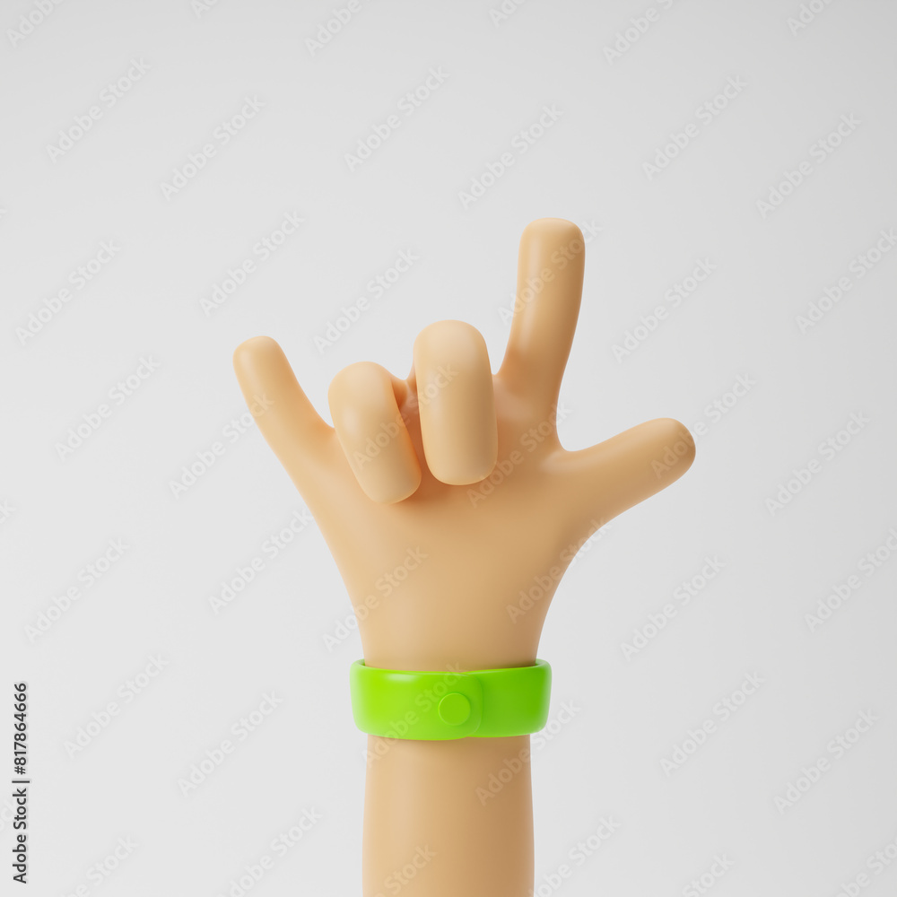 Сartoon hand showing horns or rock gesture isolated over white background. 3d rendering. Сartoon hand showing horns or rock gesture isolated over white background. 3d rendering.