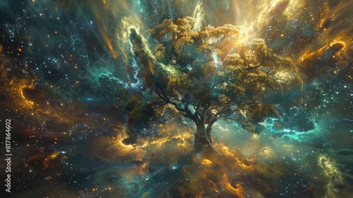 Kabbalistic Tree of Life  abstract representation  metallic textures  interstellar background  shining through the cosmic mist realistic