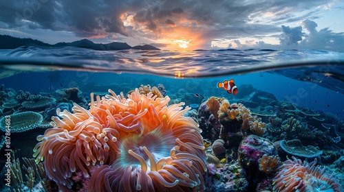 Clownfish nestled in an anemone's tentacles amid Raja Ampat's coral garden at dusk, fleeting light illuminating the scene.