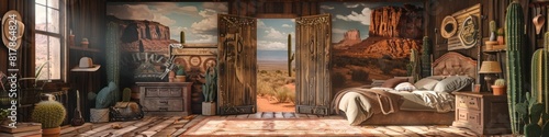 Vintage Sketch Style Wild West Bedroom Rustic Charm and Saloon Doors photo