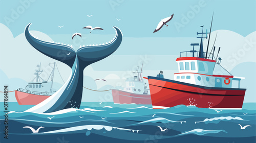 Fishing trawlers in open sea flat vector illustration
