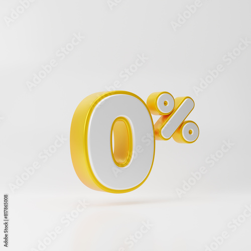 White zero percent or 0 % with gold outline isolated over white background. 3D rendering.
