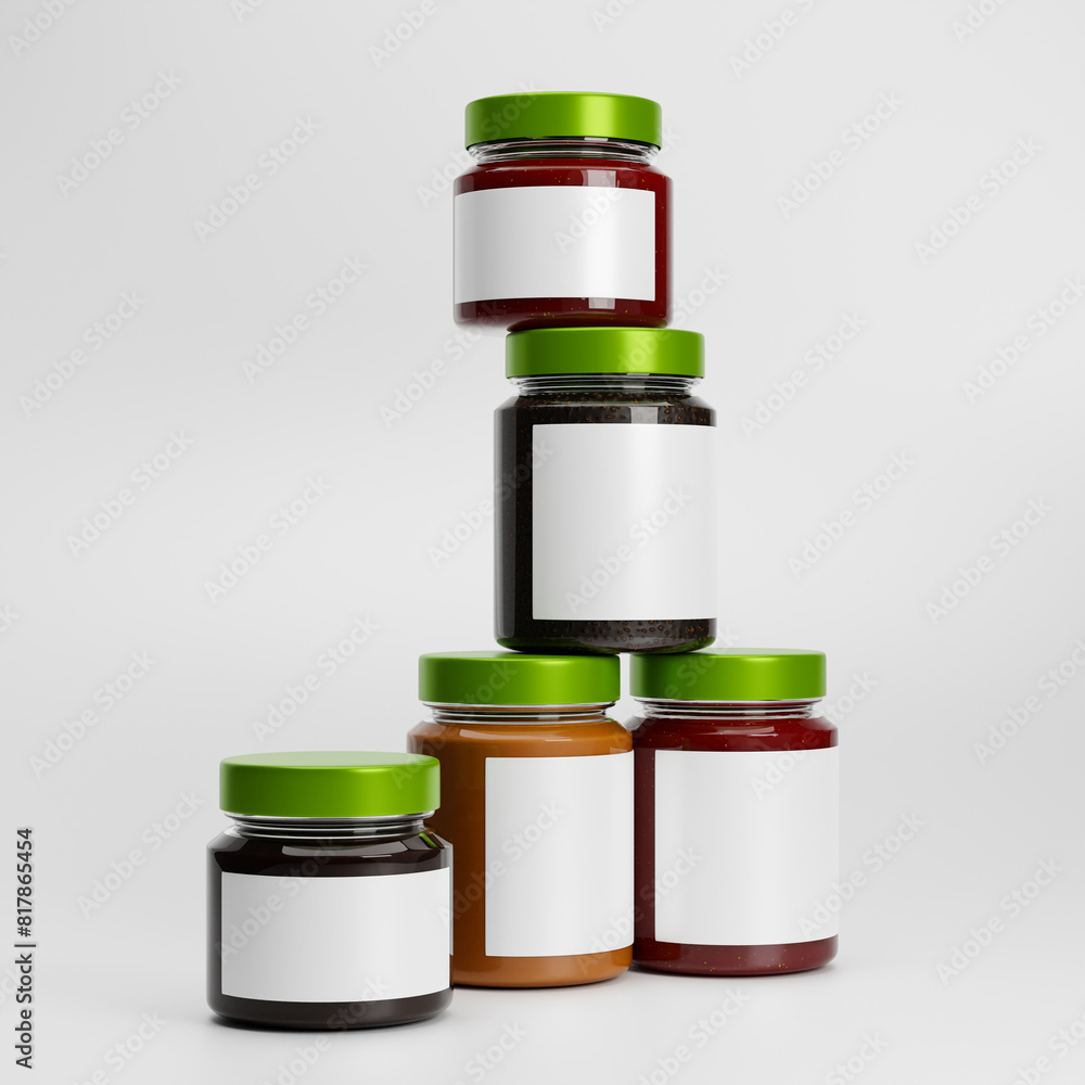 Set of different glass jam jars with blank label isolated over white background. Mockup template. 3d rendering. Set of different glass jam jars with blank label isolated over white background. Mockup template. 3d rendering.