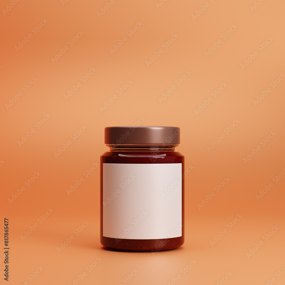 Glass jam jar with blank label isolated over orange background. Mockup template. 3d rendering. Glass jam jar with blank label isolated over orange background. Mockup template. 3d rendering.