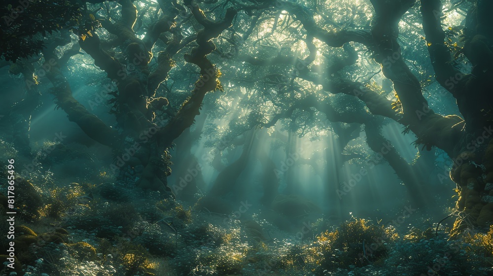 Fototapeta premium Mystical forest with moss-covered trees, ethereal light beams and a foggy atmosphere