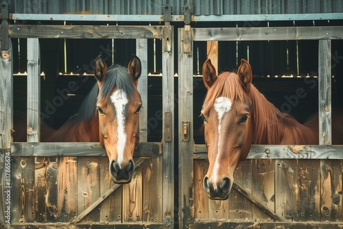Two horses with brown coats and distinct white markings peering out from stables. The wooden stable doors have a weathered appearance.
