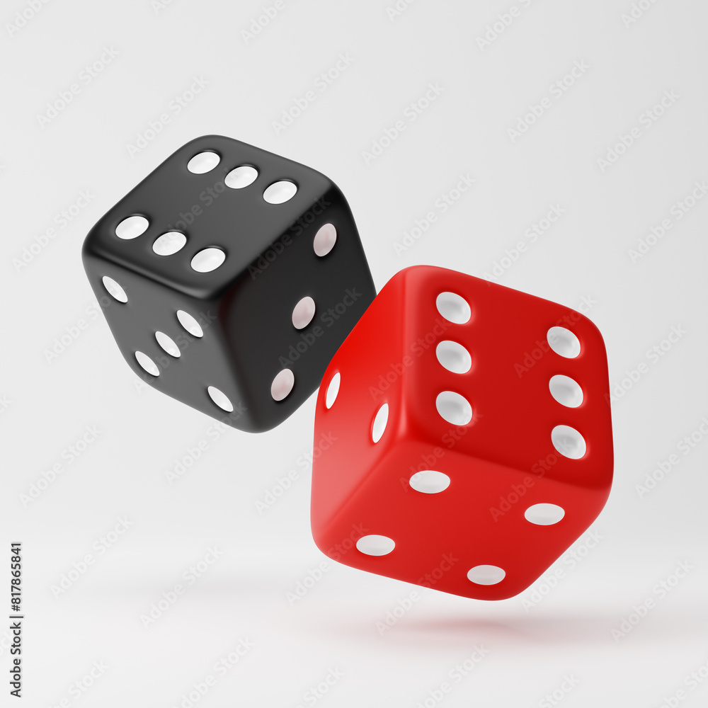 Rolling red and black dice isolated over white background. 3D rendering. Rolling red and black dice isolated over white background. 3D rendering.