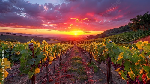 Picturesque vineyard at sunset, rows of grapevines and a glowing sky photo