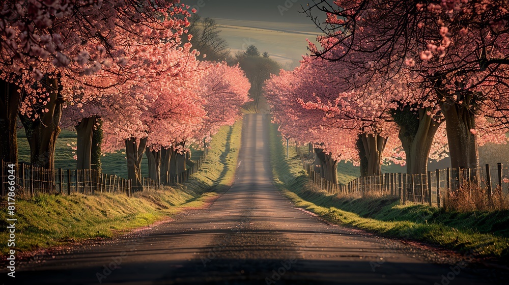 Fototapeta premium Quiet countryside path lined with blooming cherry blossom trees in spring