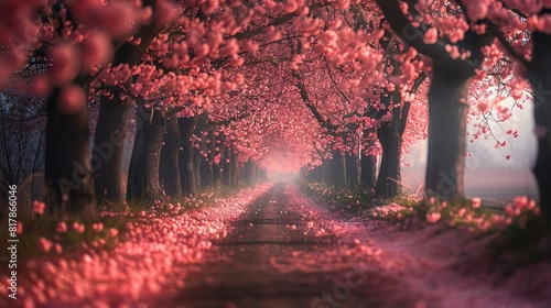 Quiet countryside path lined with blooming cherry blossom trees in spring