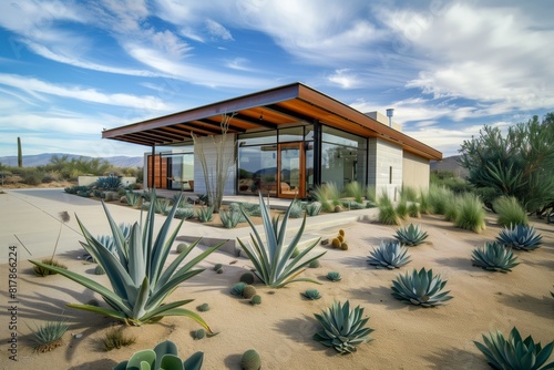 Modern house with large glass windows, wood and concrete accents, surrounded by a desert landscape featuring various succulents, cacti, and xeriscaping elements under a partly cloudy sky. photo