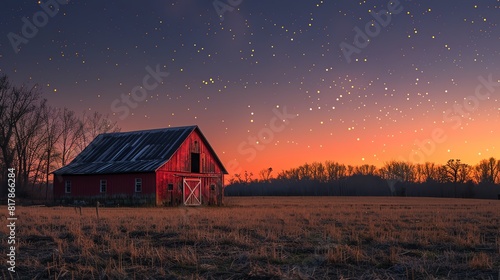 Rustic countryside barn under a clear, starry night sky with a warm, inviting glow