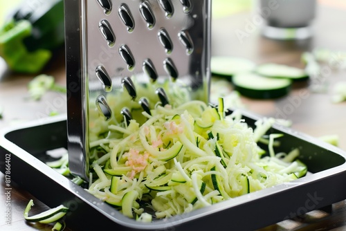 Close-up of shredded zucchini being grated into a black tray. Fresh zucchini slices and a grater are visible on a wooden surface. photo
