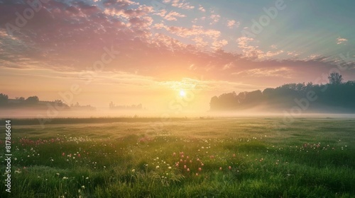 Peaceful countryside sunrise  with mist rising over a tranquil meadow and the first light of dawn coloring the sky.