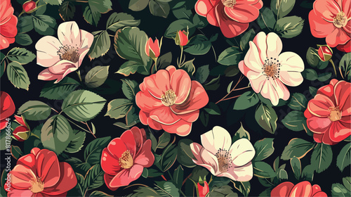 Floral seamless pattern with elegant dog rose flowers