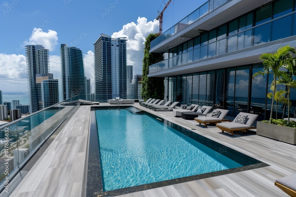 Luxurious rooftop pool with city skyline views, featuring modern architecture, glass railings, sun loungers, and lush plants under a clear blue sky.