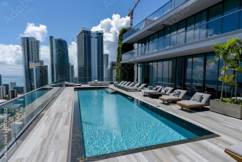 Luxurious rooftop pool with city skyline views, featuring modern architecture, glass railings, sun loungers, and lush plants under a clear blue sky.