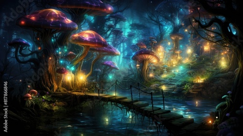 An enchanted forest with glowing mushrooms  sparkling fireflies  and twisting vines.