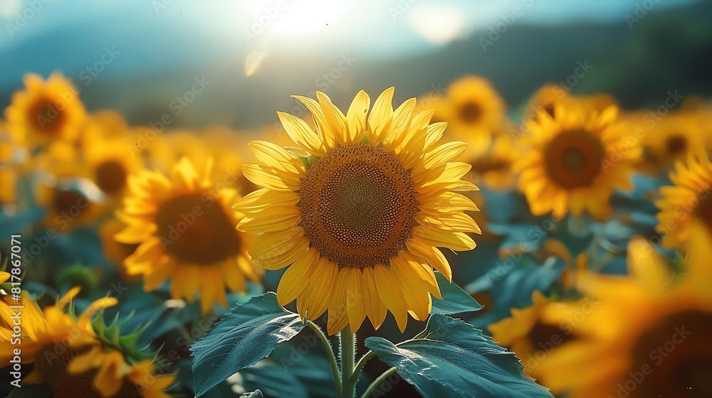 Fototapeta premium Vibrant sunflower field under a clear blue sky, golden petals glowing in the sunlight