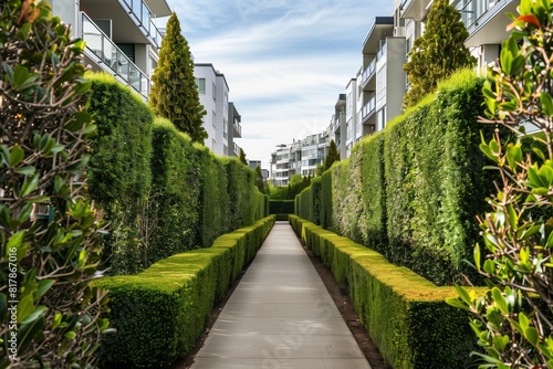Modern residential pathway flanked by well-maintained green hedges and contemporary apartment buildings under a partly cloudy sky. photo