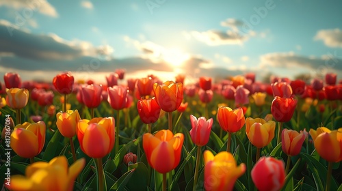 Vibrant tulip field in full bloom  colorful flowers stretching to the horizon under a bright sky