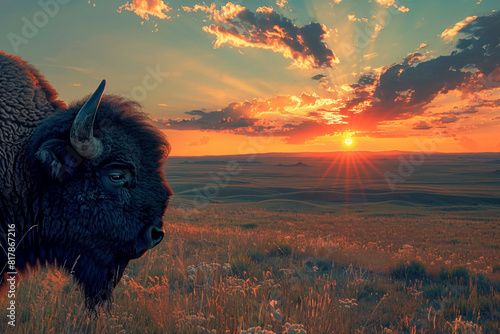 Create an image of a stunning sunset seen through the massive, curved horns of a bison, with the warm hues of the sunset casting a golden glow on the surrounding prairie landscape photo