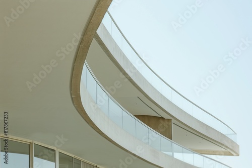 Modern architectural building featuring curved balconies with glass railings and clean white surfaces, capturing minimalist design.