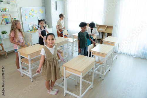 Teacher and students, In the morning to begin learning and studying in a classroom of school.