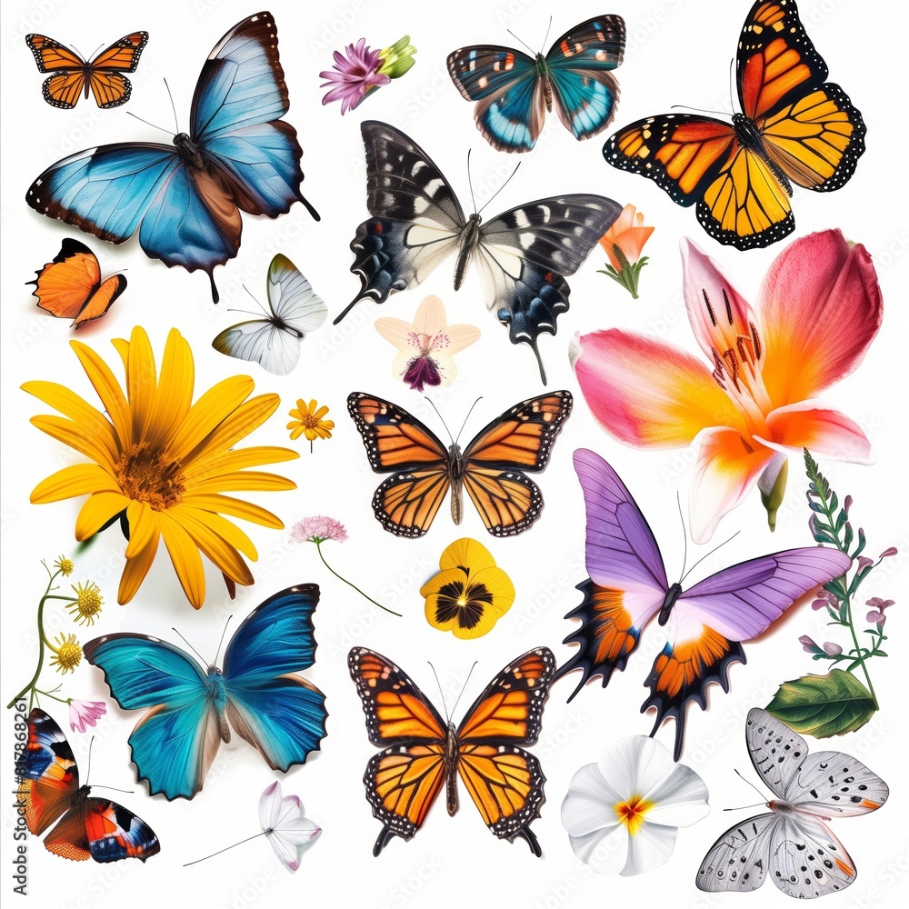 Vibrant Collection of Butterflies and Flowers Isolated on White Background