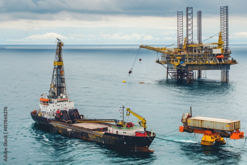 Fototapeta premium Offshore oil drilling platform with a support vessel and equipment at sea, showcasing energy extraction and maritime operations.