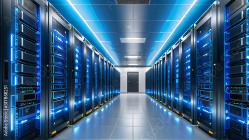 A parallel row of servers, adorned in electric blue, fills a technology-driven data center hallway with a symmetrical display of power © BOJOShop