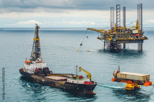 Offshore oil drilling platform with a support vessel and equipment at sea, showcasing energy extraction and maritime operations.