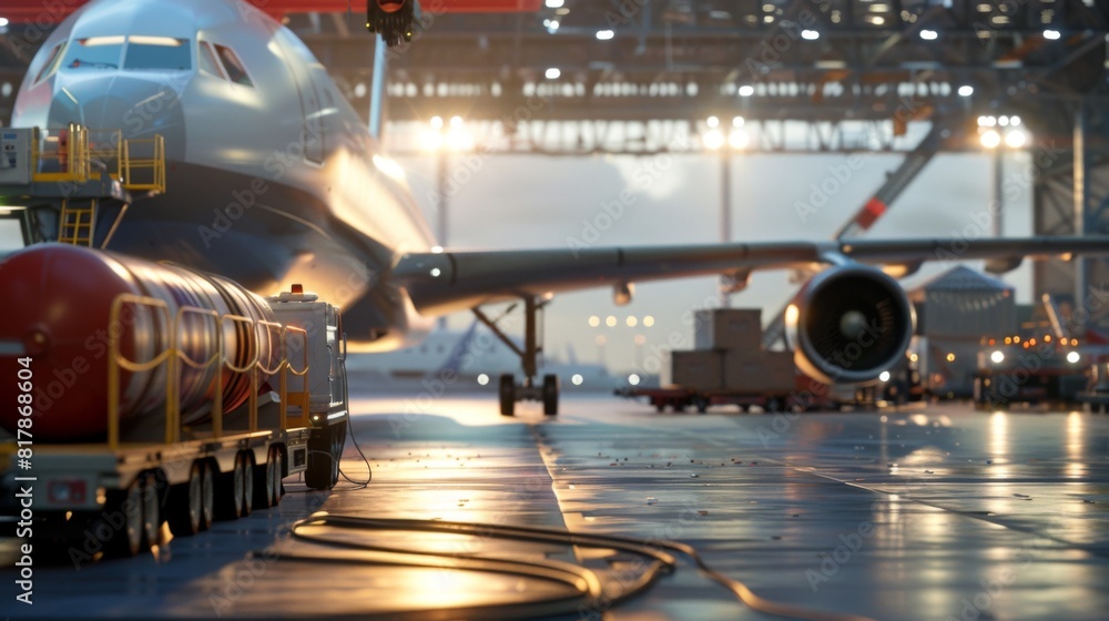 Preparation for next flight of airplane in airport. Fueling and loading cargo on the plane in airport terminal Preparation for next flight of airplane in airport. Fueling and loading cargo on the plane in airport terminal