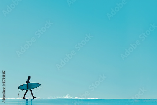 A high-quality image of a surfer carrying a surfboard, walking towards the waves, on a solid blue background with ample copy space