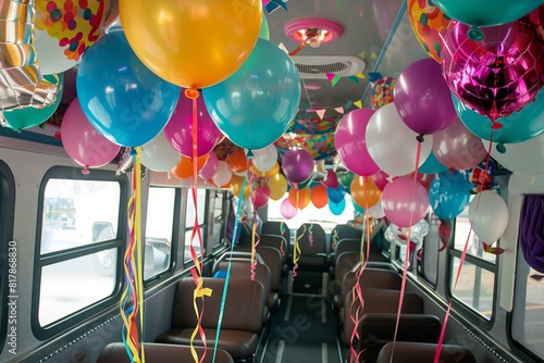A colorful bus interior decorated with numerous balloons and streamers for a celebration or party event.