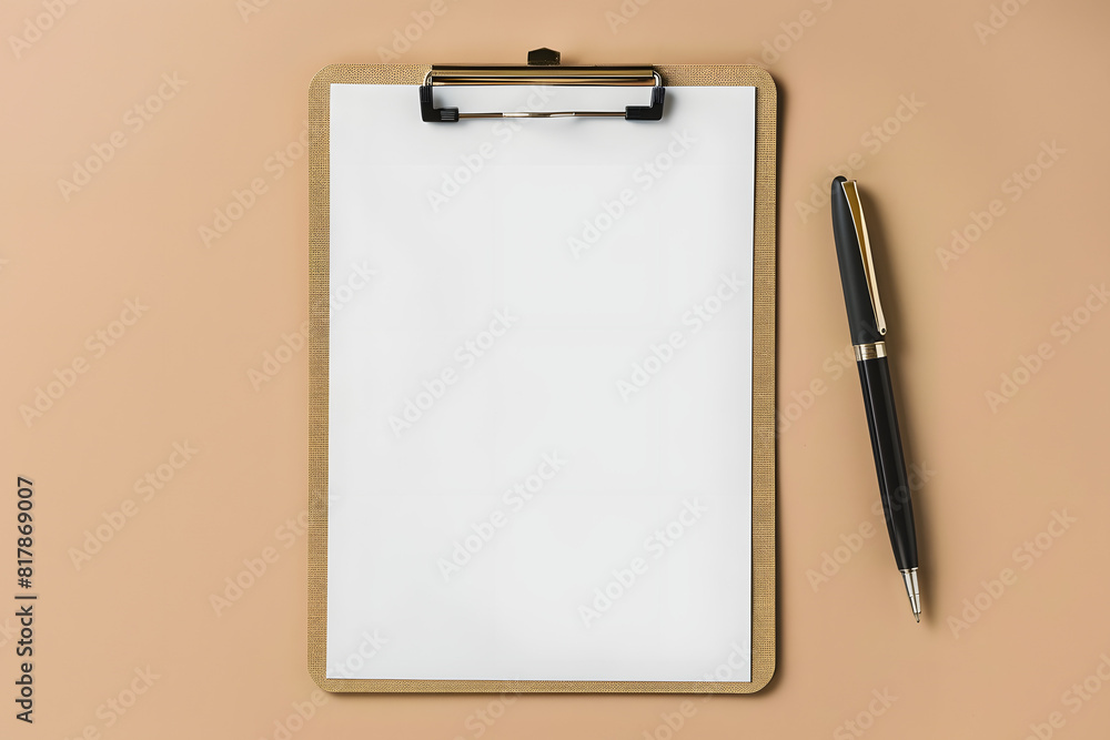A stunning mockup of a blank clipboard with a pen on a solid beige background A stunning mockup of a blank clipboard with a pen on a solid beige background