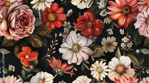 Floral seamless pattern with blooming flowers on black
