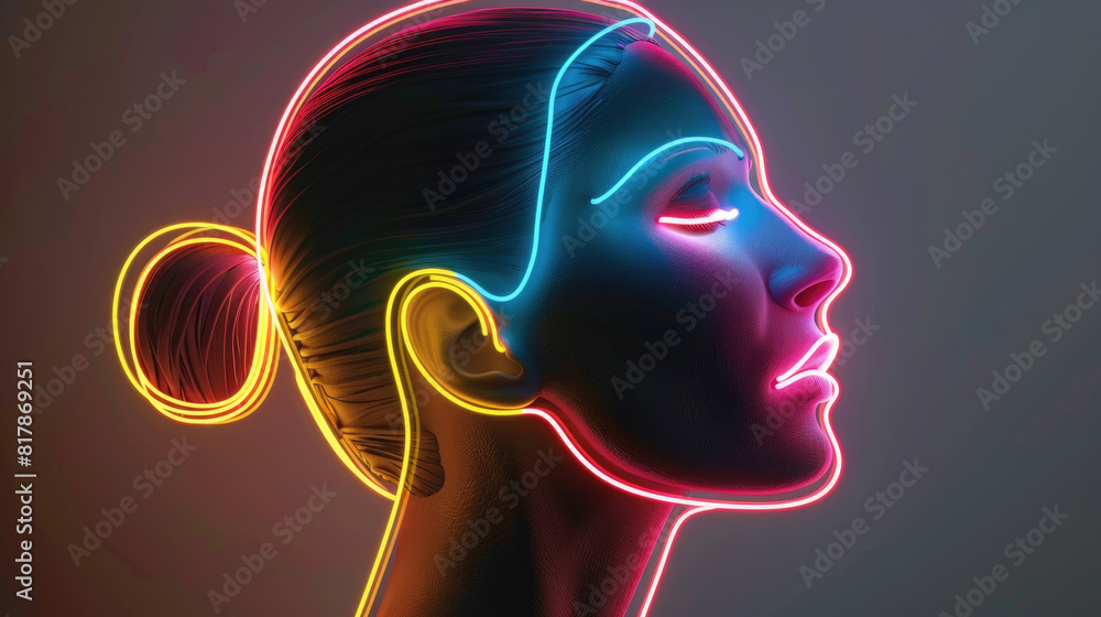 Neon-lit side profile of a woman with her hair tied in a bun, set against a dark background, captures the vibrant and colorful glow at night, creating an artistic and modern visual effect Neon-lit side profile of a woman with her hair tied in a bun, set against a dark background, captures the vibrant and colorful glow at night, creating an artistic and modern visual effect