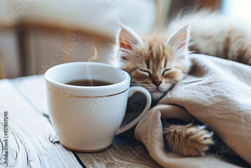 Cozy Cat Nap with Warm Cup - Comfortable Home Atmosphere