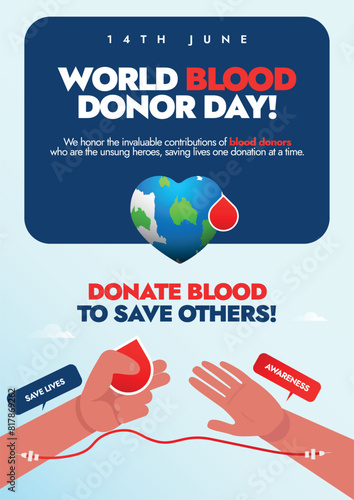 World Blood donor day. 14th June world blood donor day celebration brochure, banner, social media post with blood transfusing from one hand to another hand. Saving lives by donating blood. 