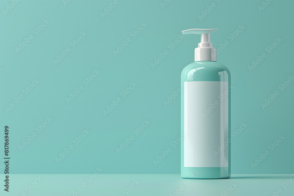 A detailed mockup of a blank bottle with a pump dispenser on a solid light blue background A detailed mockup of a blank bottle with a pump dispenser on a solid light blue background