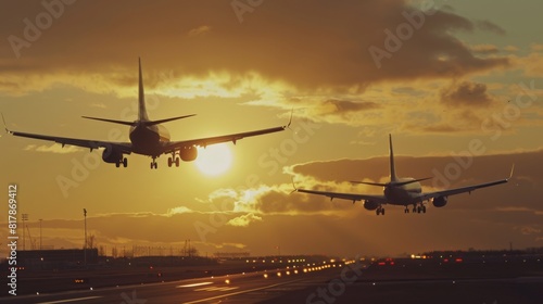 rear view of two airplanes for commercial passenger or cargo transportation aircraft flying in sequence and spread the wheel for landings to airport on golden sunset sky in dusk or evening photo
